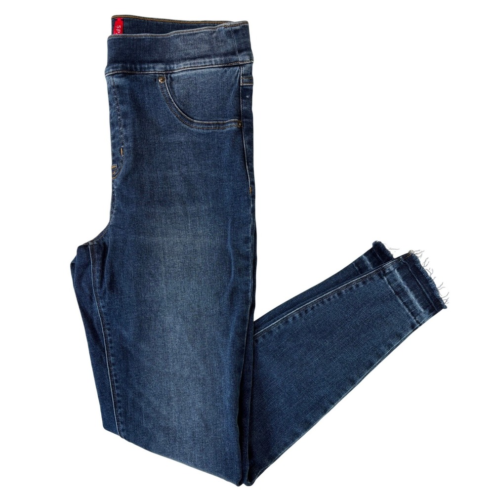 Spanx Jean-ish Ankle Leggings Distressed Raw Hem Dark Indigo Wash Large 20203R - Picture 1 of 12